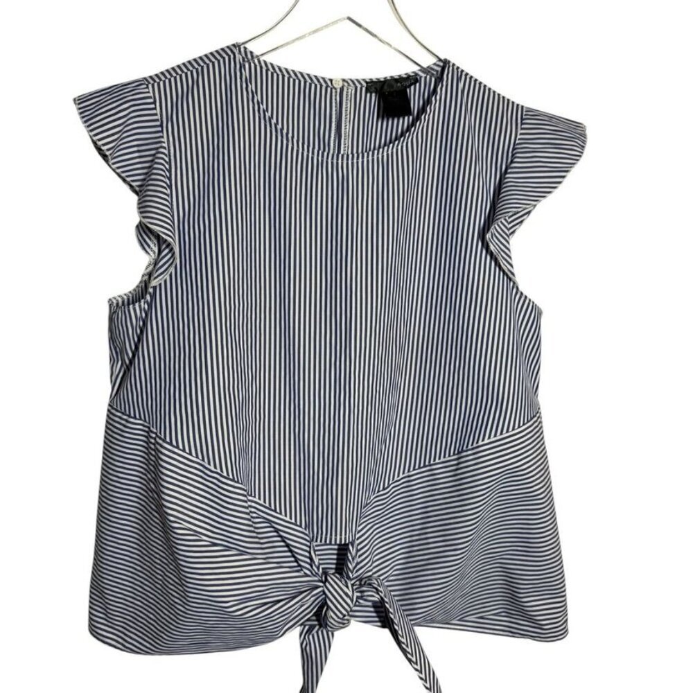 Aqua Navy and White Striped Tie-Front Flutter Sleeve Blouse